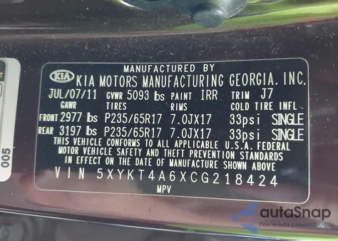 2012 Kia Sorento Lx z USA, uszkodzony, nr VIN 5XYKT4A6XCG218424